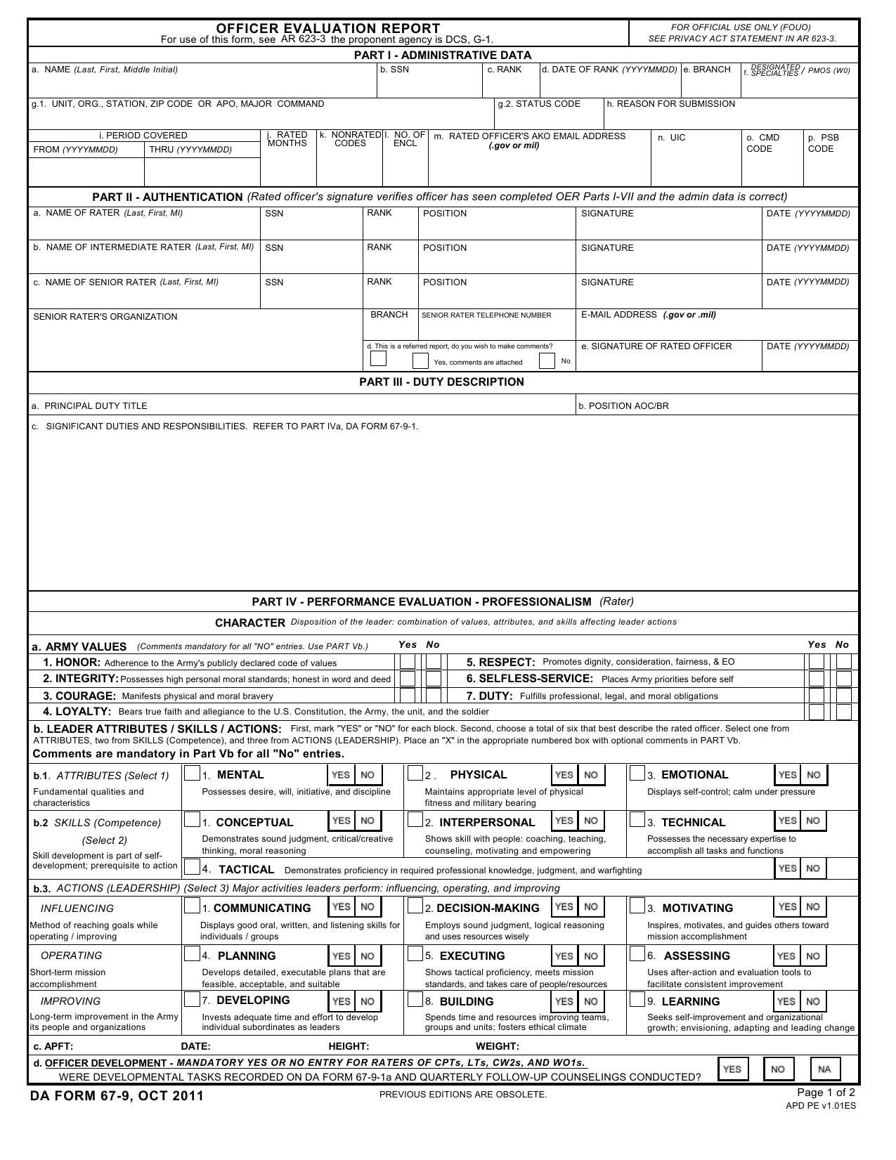 Download DA Form 679 Officer Evaluation Report PDF XFDL