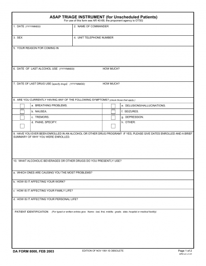 Download DA Form 8000 ASAP Triage Instrument PDF FreeDownloads