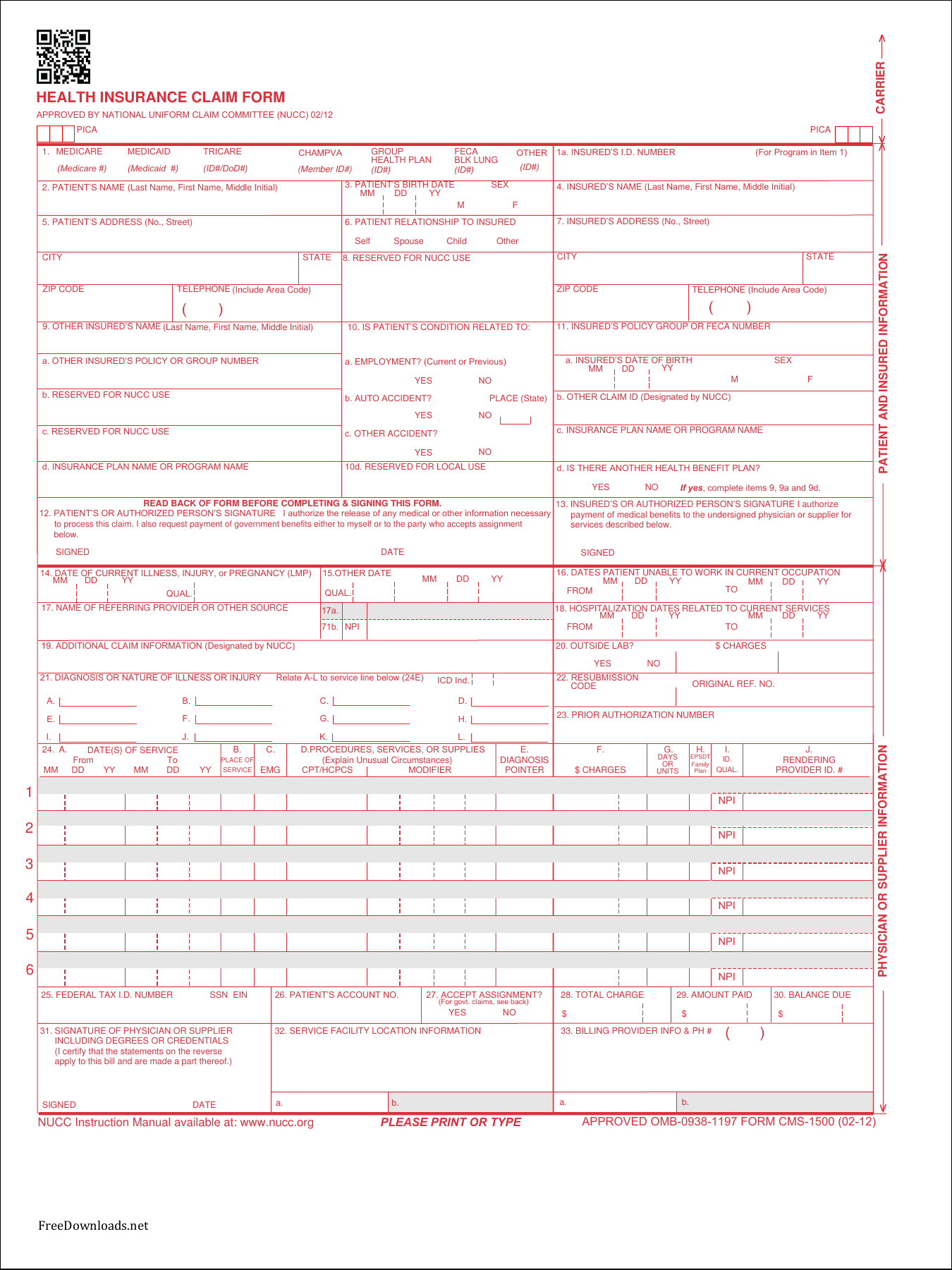 Cms 1500 Claim Form Printable