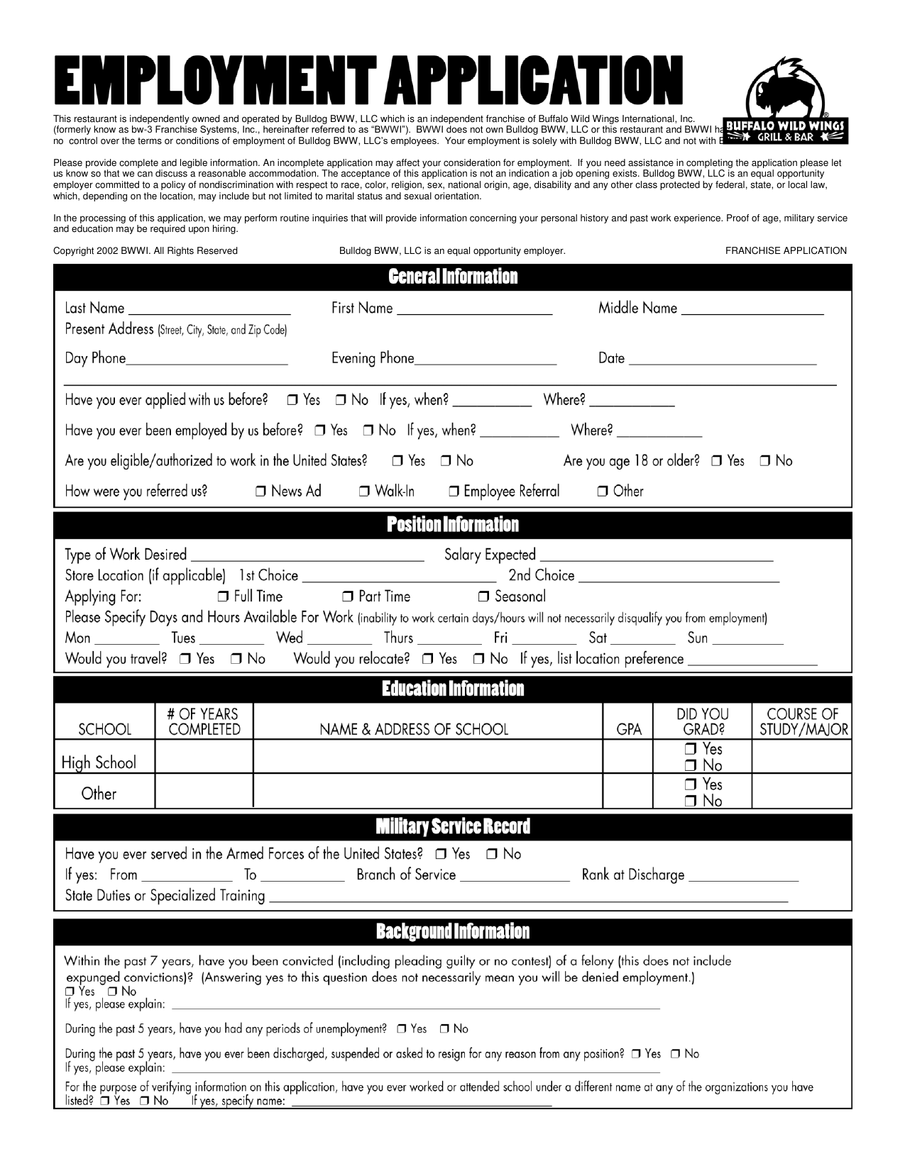 Download Buffalo Wild Wings Job Application Form Careers PDF 