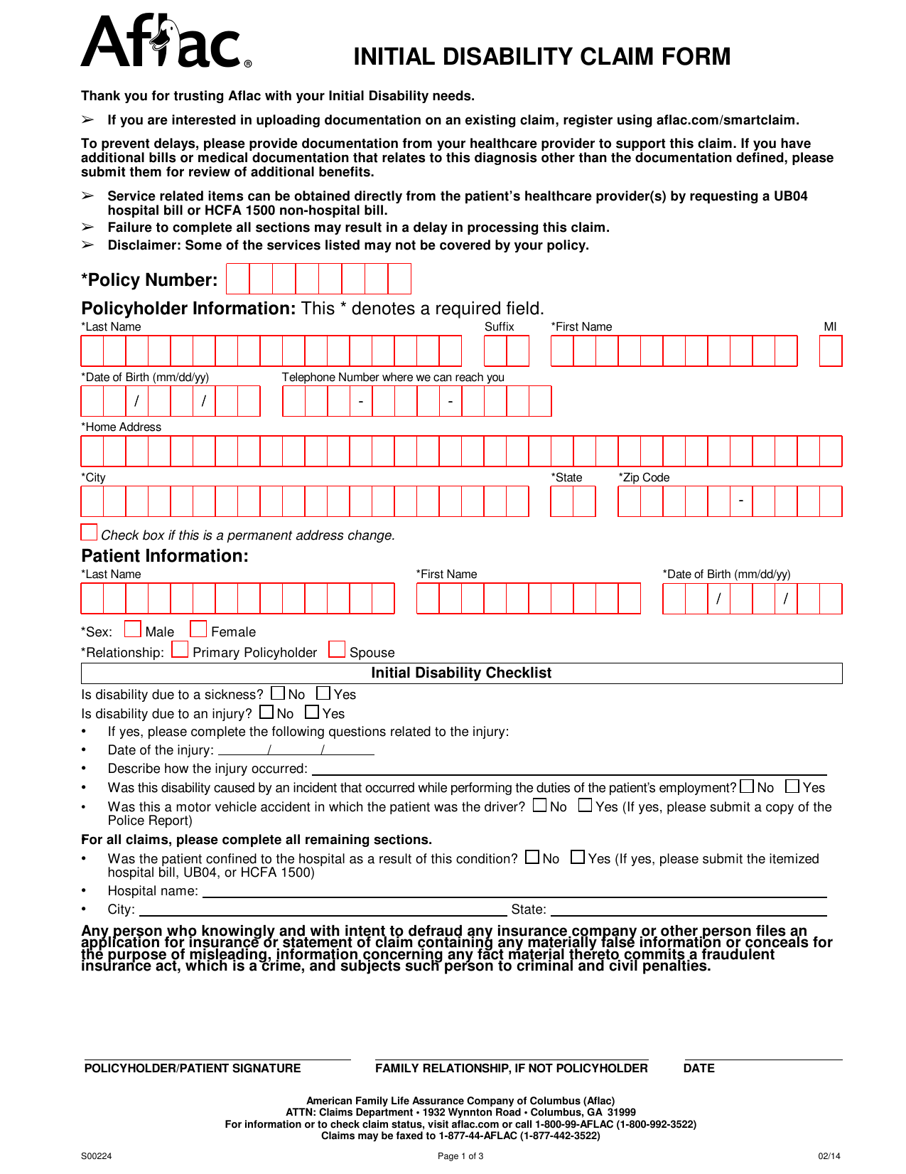 Download Aflac Short Term Disability Claim Form Initial Disability Claim Form Pdf 