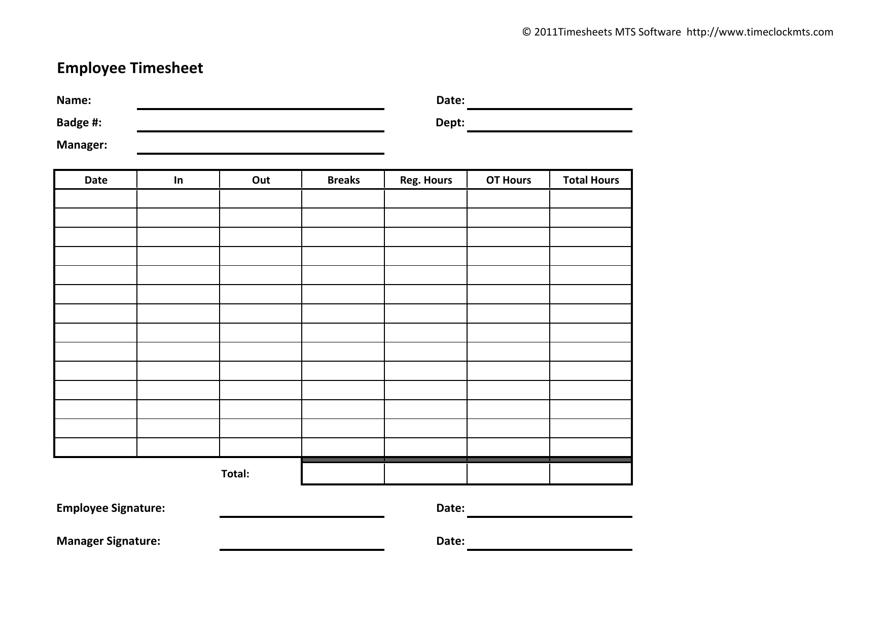 Printable Employee Timesheet With Signature