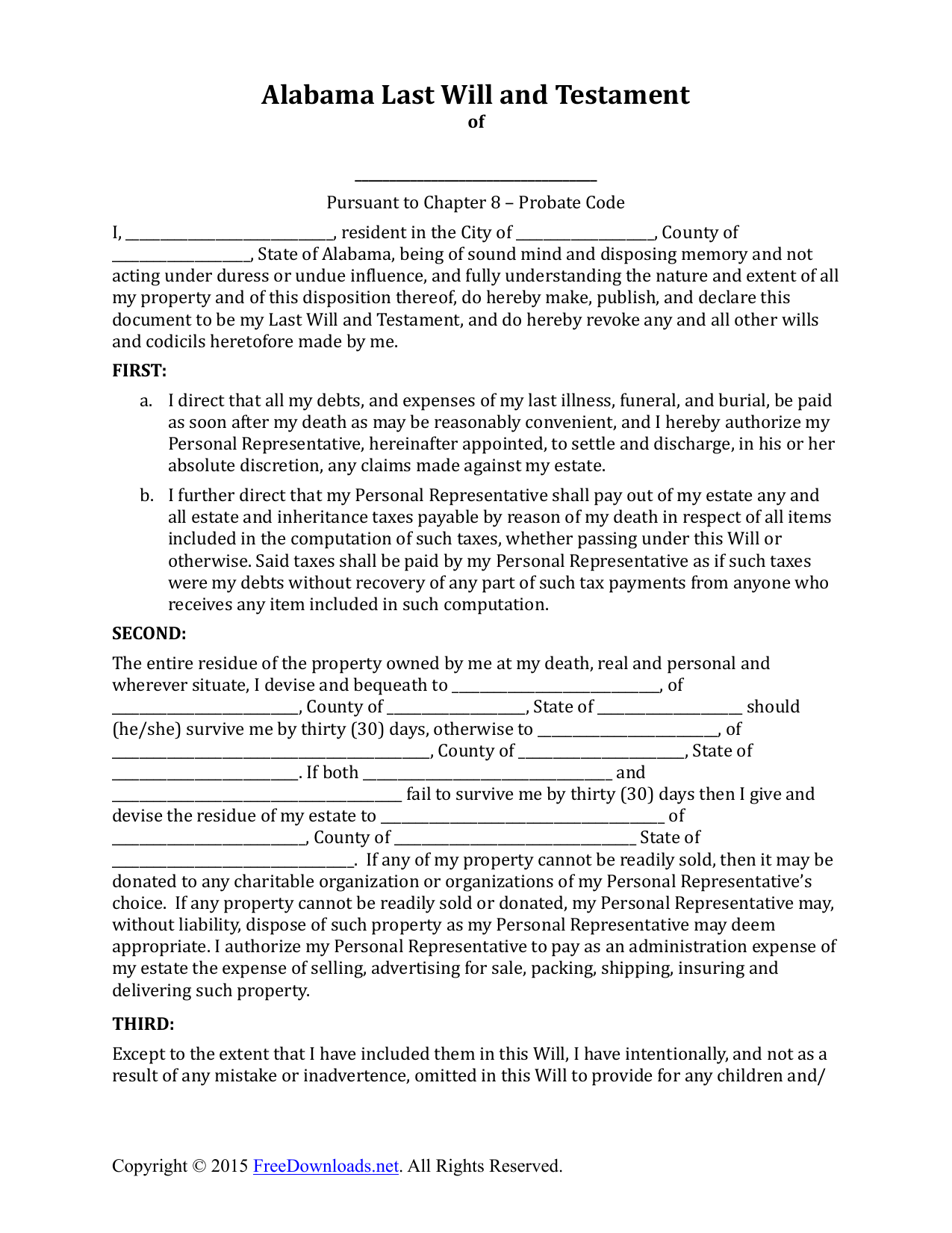 Alabama Blank Printable Last Will And Testament Forms