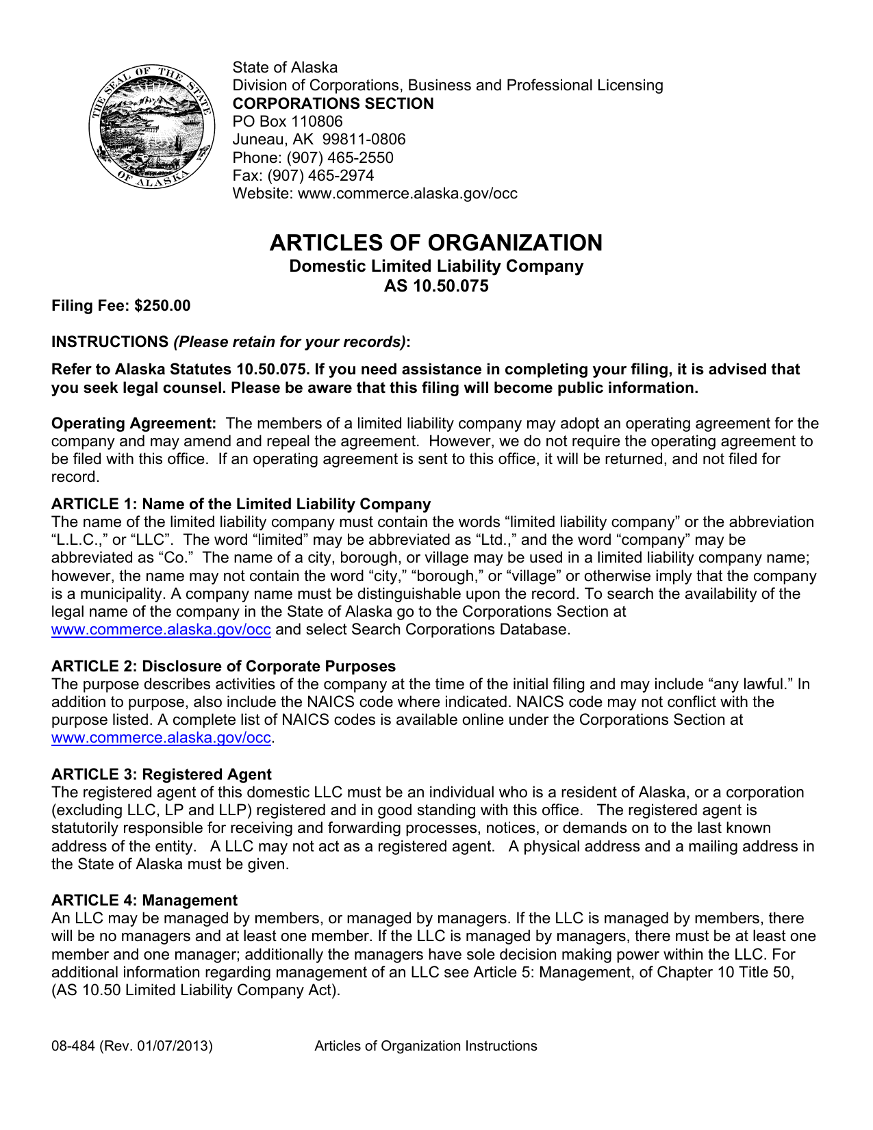 Llc Articles Of Organization Template