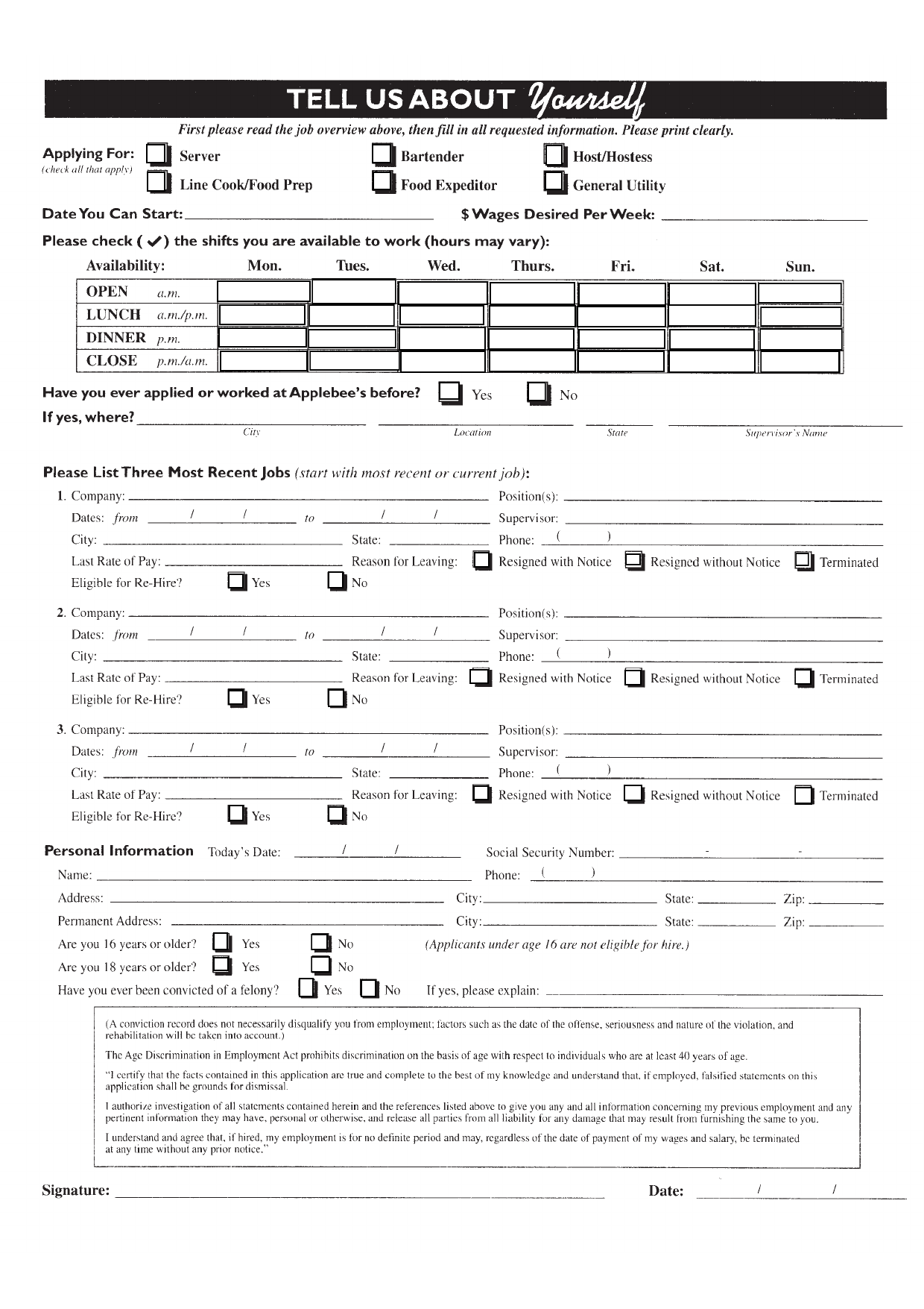 Applebees Printable Job Application Form