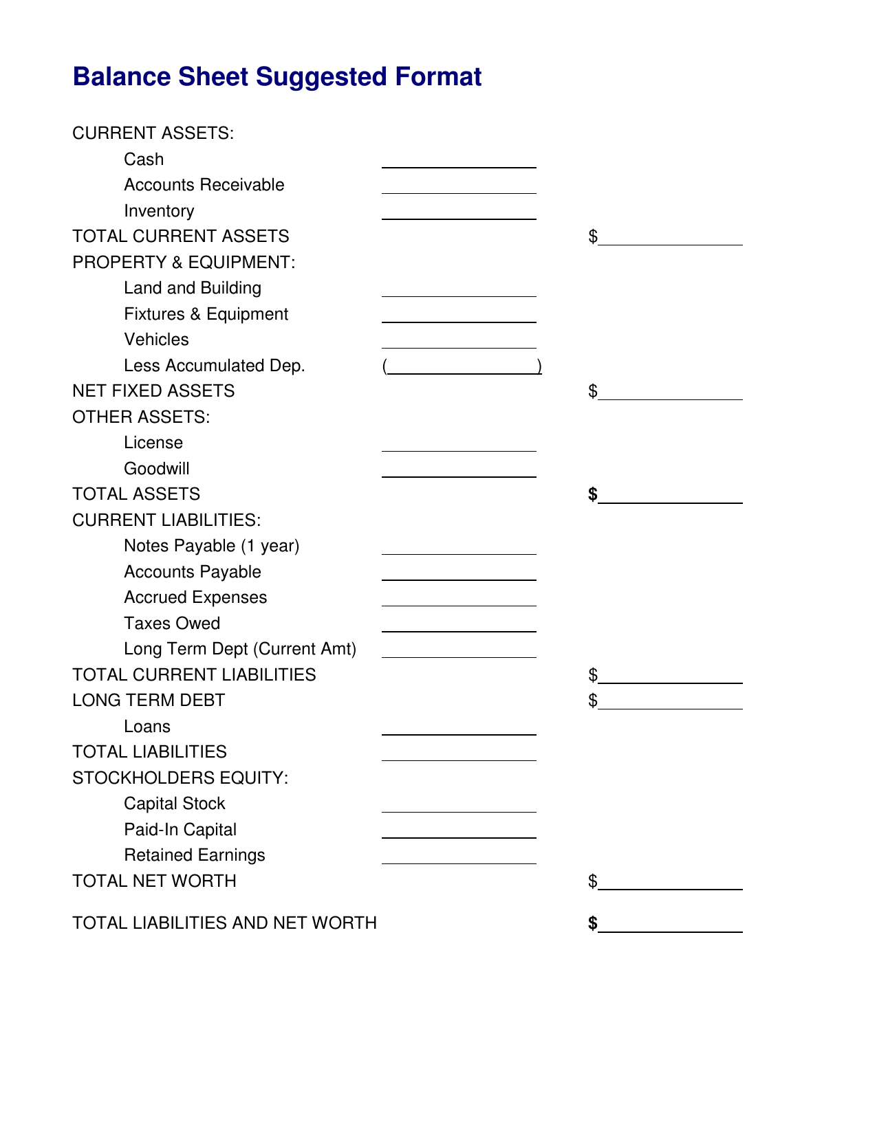 Basic Personal Balance Sheet Template