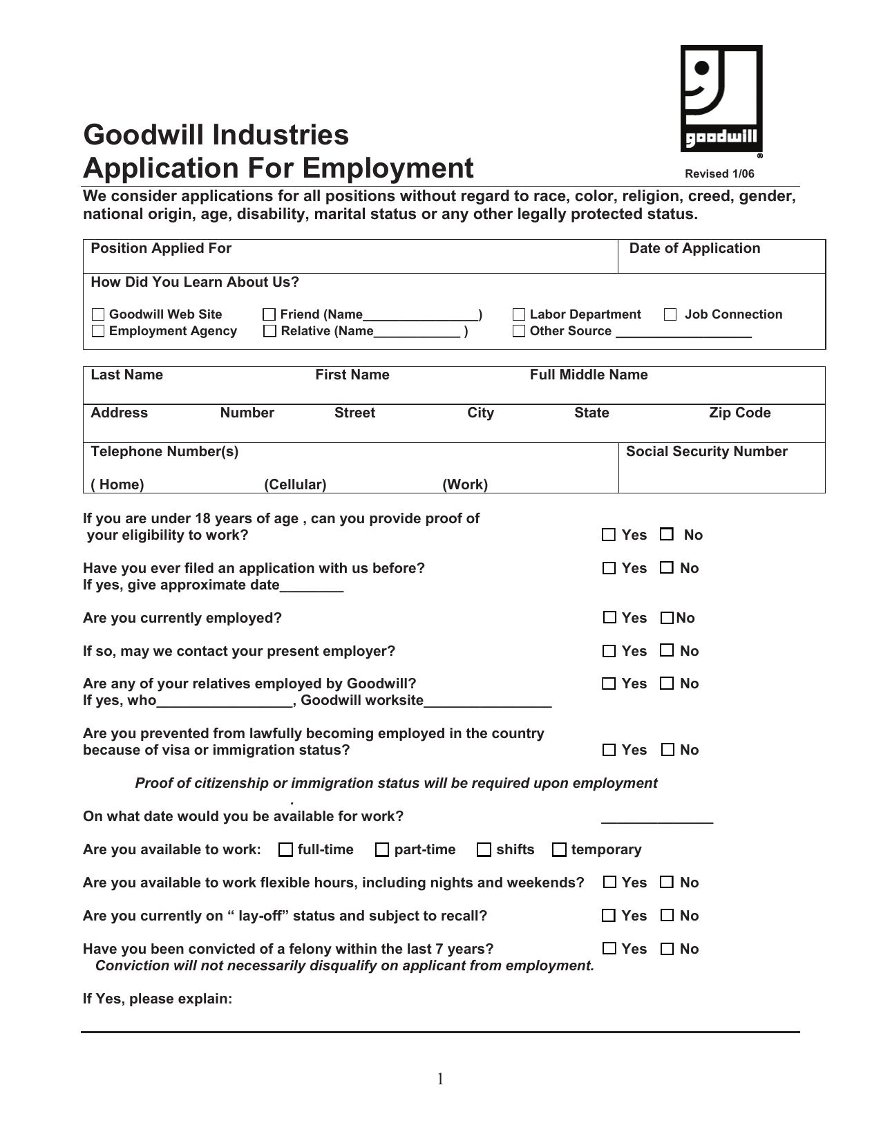 Goodwill Industries Job Application