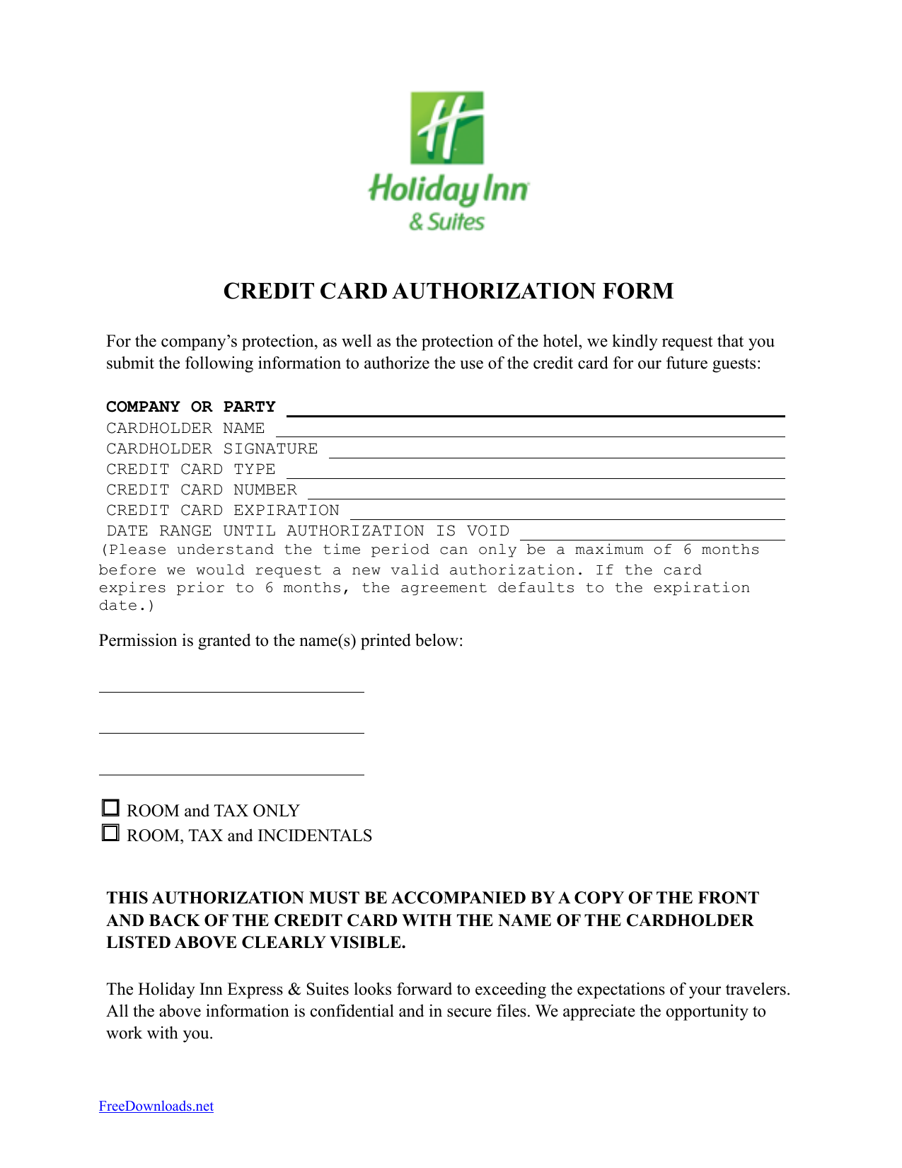 Holiday Inn Credit Card Authorization Form