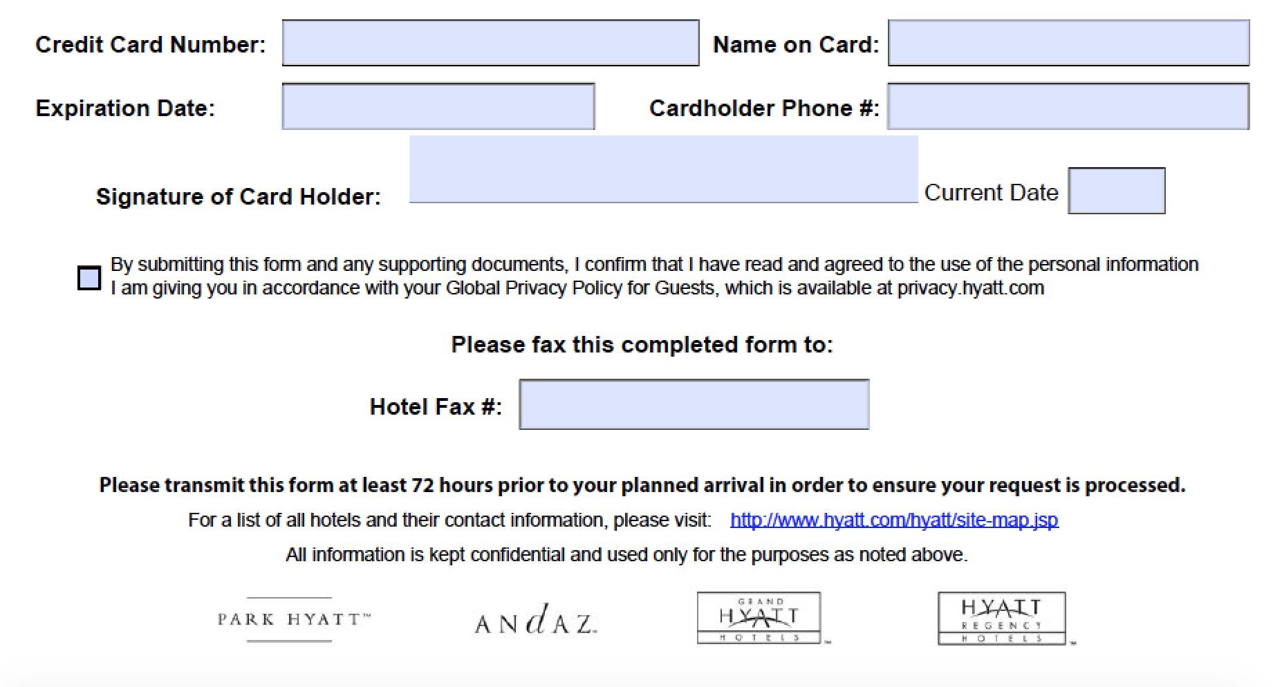 Hyatt Credit Card Authorisation Form