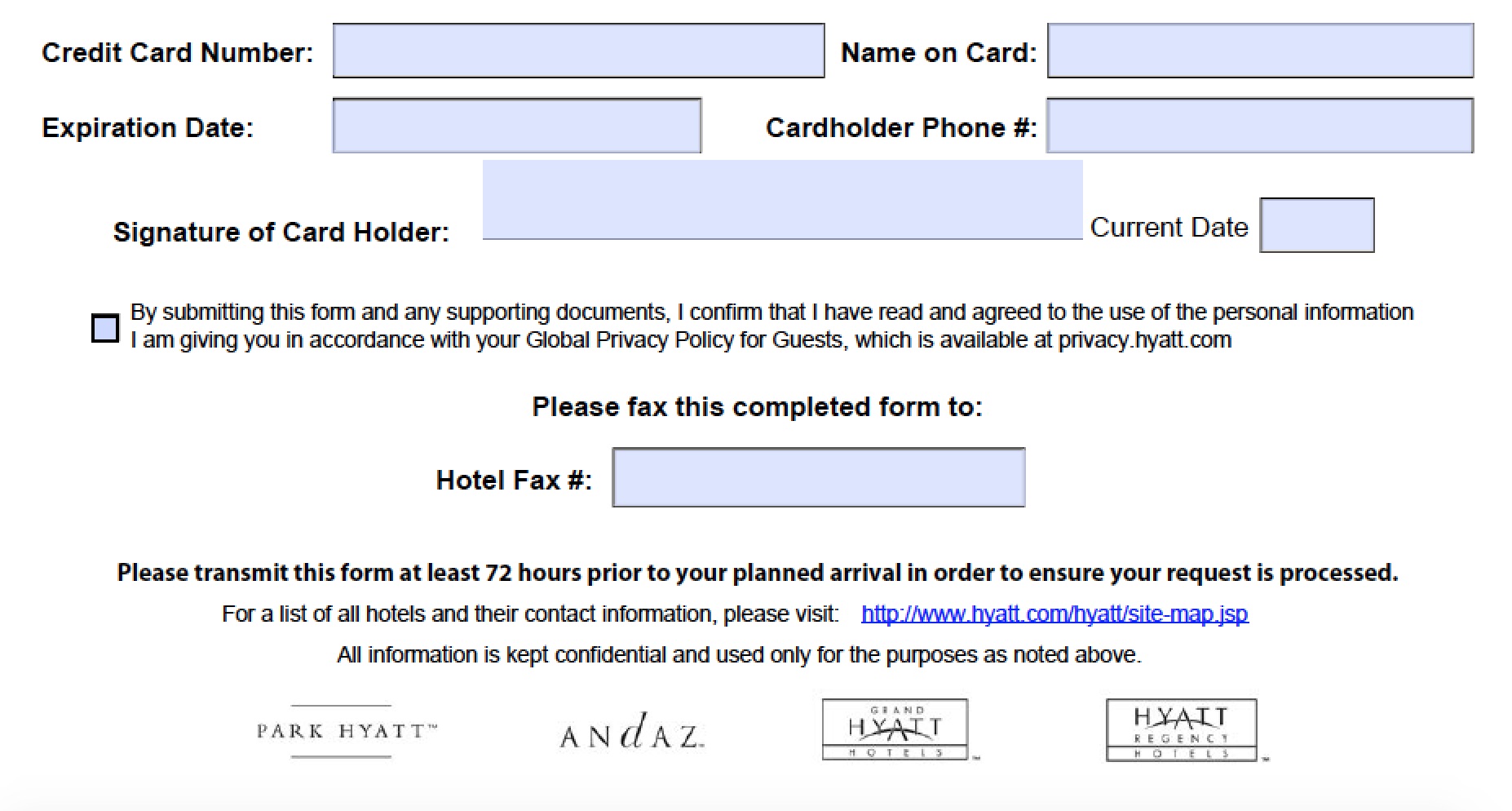 Download Hyatt Credit Card Authorization Form Template PDF 