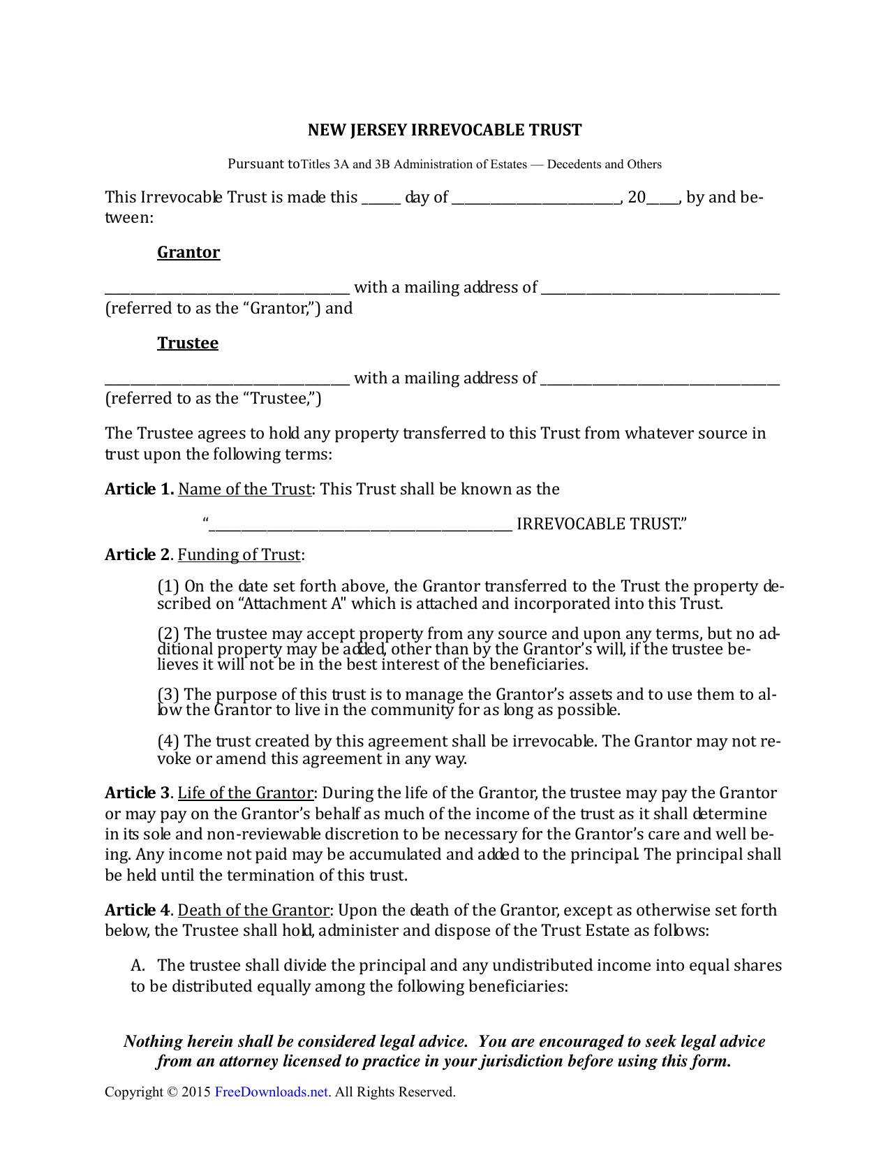 Download New Jersey Irrevocable Living Trust Form PDF RTF Word