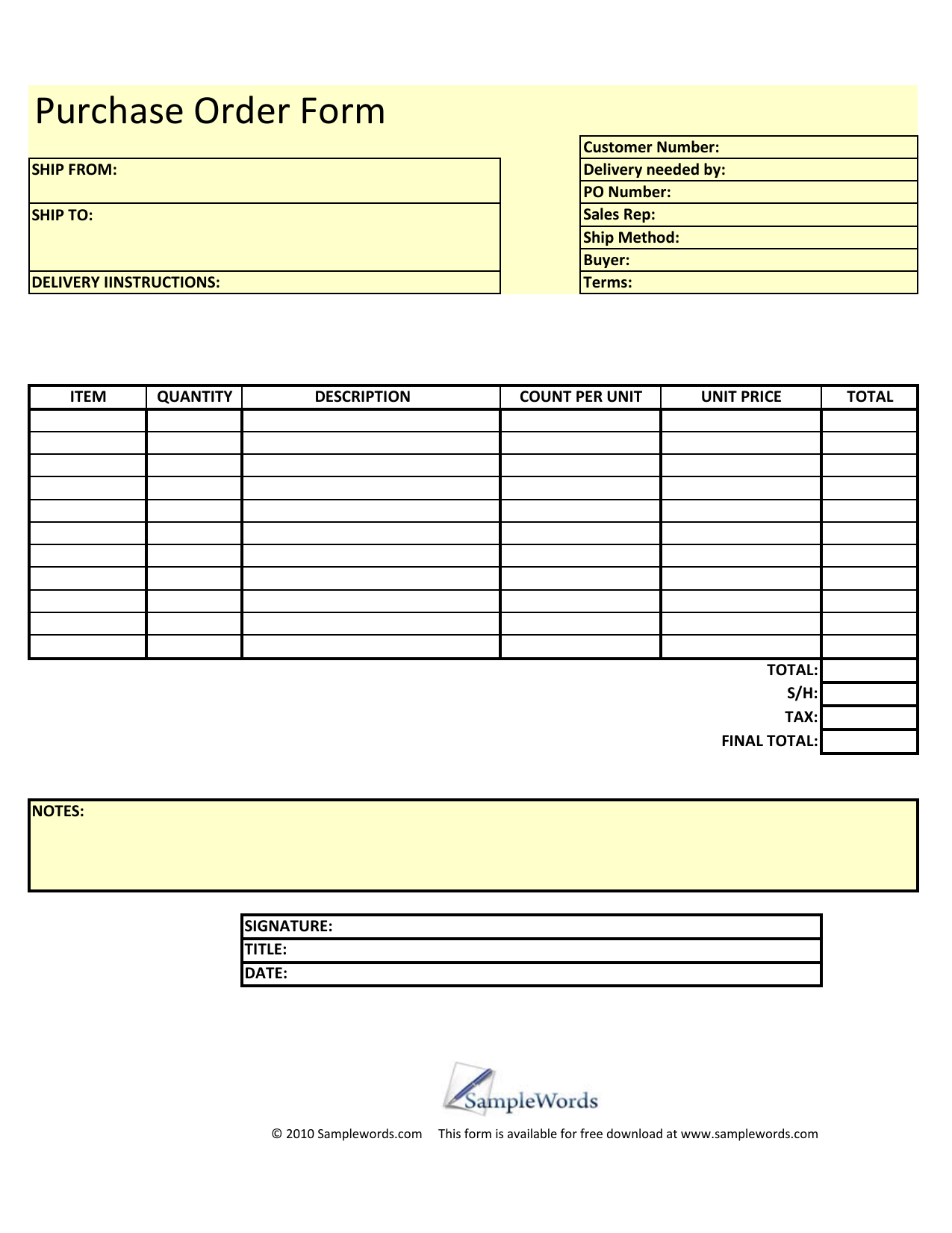 Download Blank Purchase Order Form Template | Excel | PDF | RTF | Word