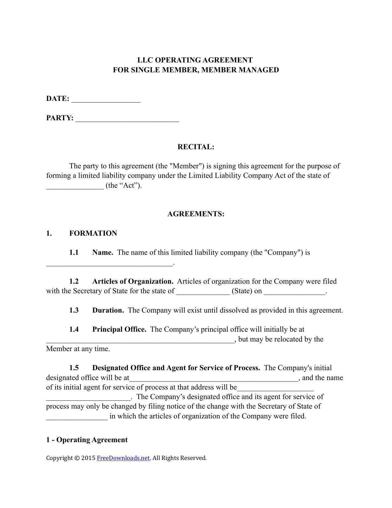 single member llc operating agreement template