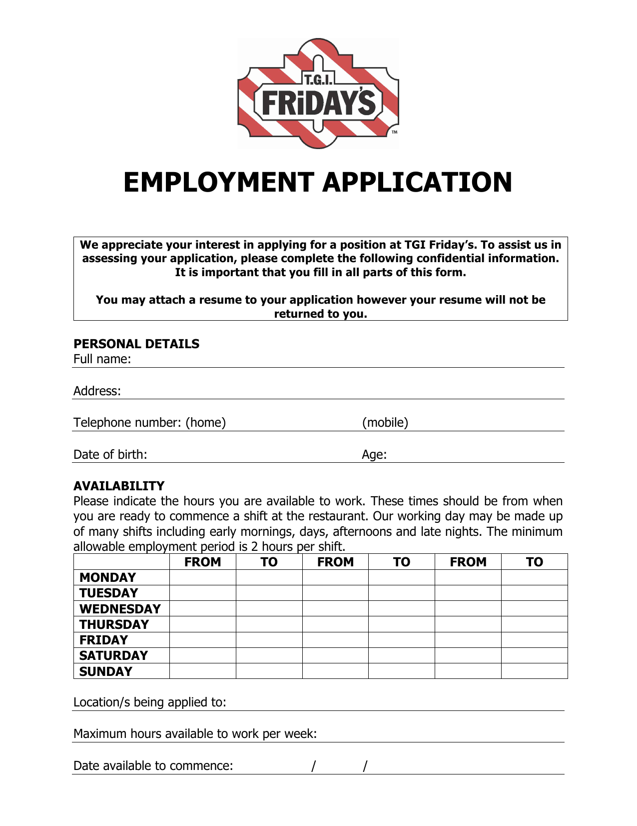 Download Tgi Fridays Restaurant Job Application Form Careers Pdf 6025