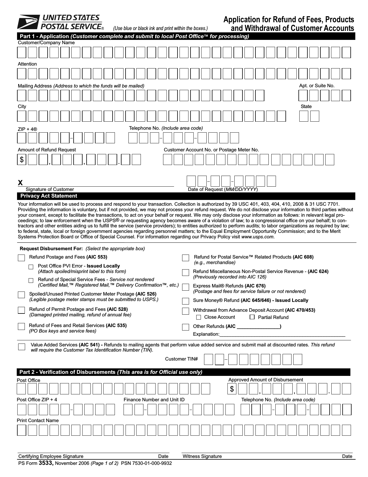 usps form invoice Postage, 3533 Form  USPS  Download Refund and of Fees,