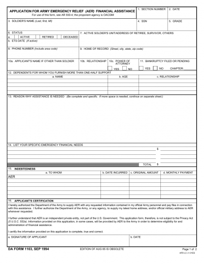 Download DA Form 1103 | Application For Army Emergency Relief | PDF ...