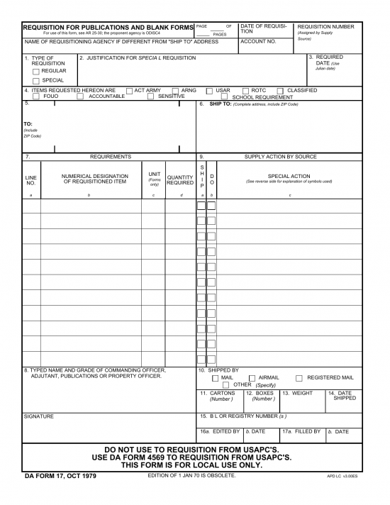 Download DA Form 17 | Requisition For Publications And Blank Forms ...