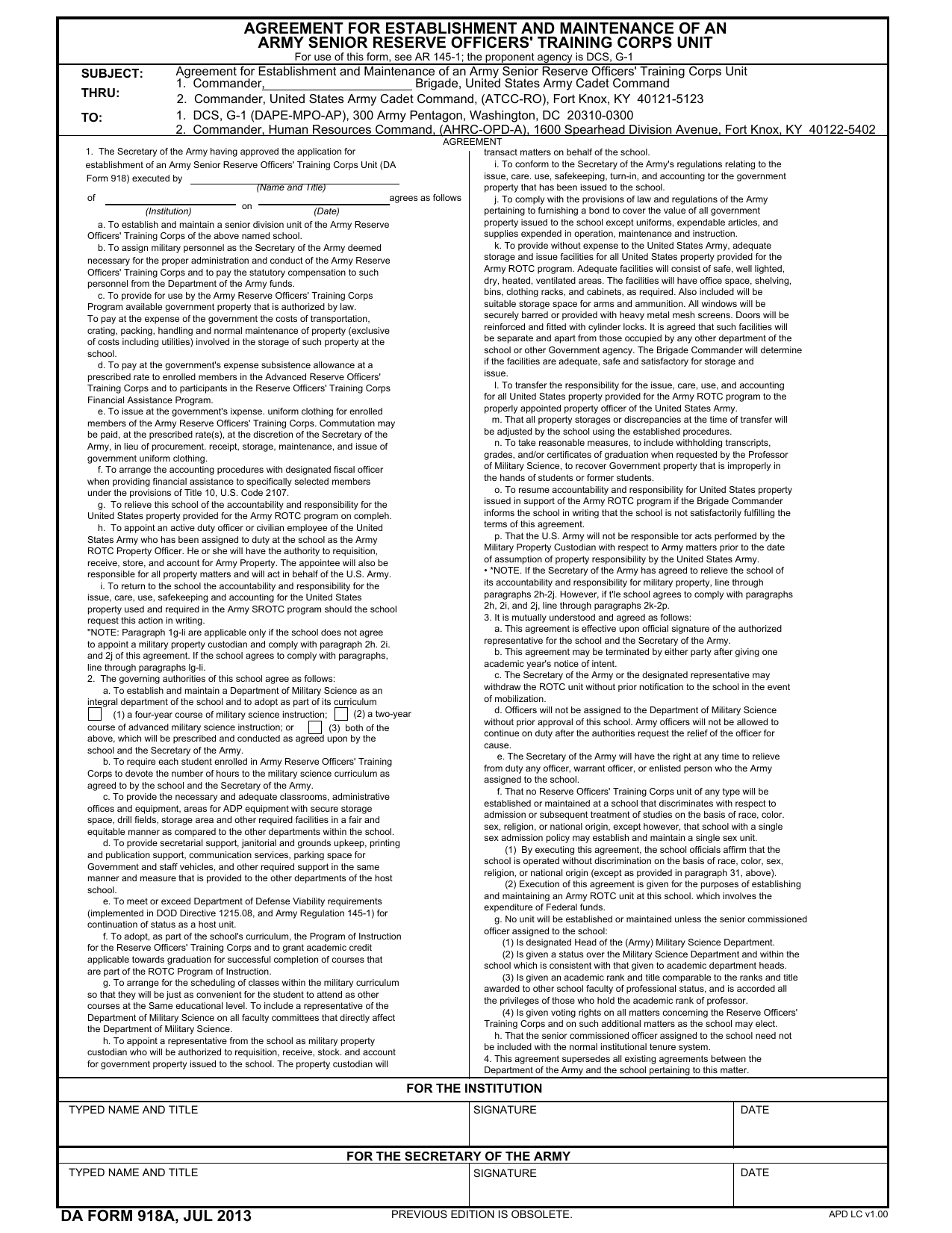 Download DA Form 918A | Agreement For Establishment And Maintenance Of An Army Senior Reserve Officers' Training Corps Unit | PDF | FreeDownloads.net
