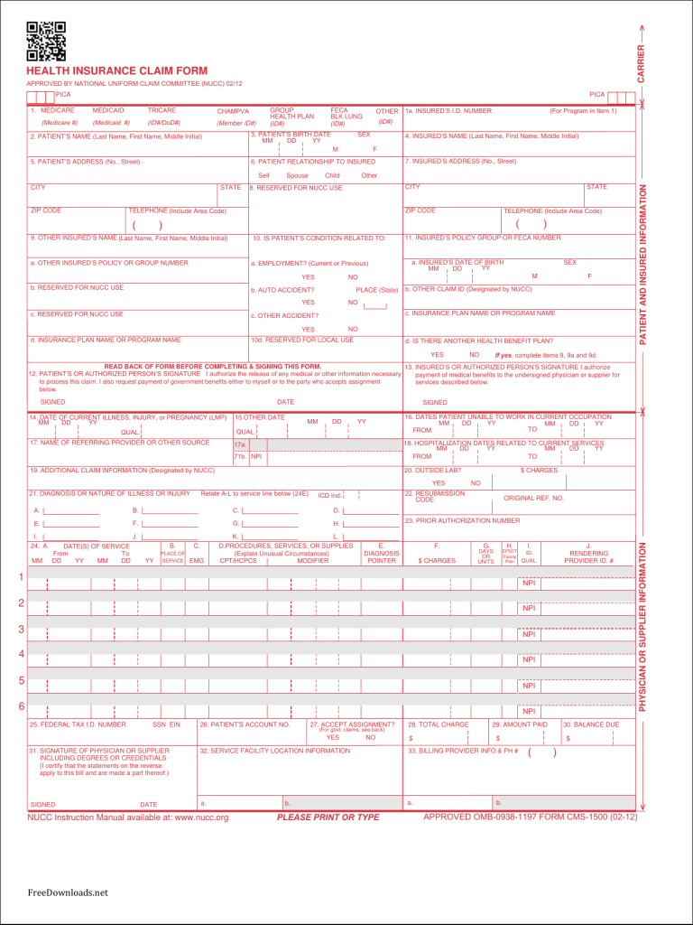 Sample Insurance Claim Form Download Fillable CMS Claim Form 1500 | PDF | FreeDownloads.net