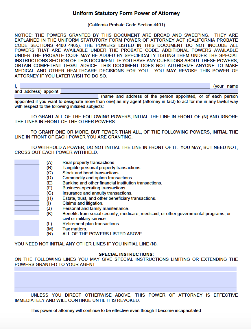 Printable California Durable Power Of Attorney Form Printable Forms