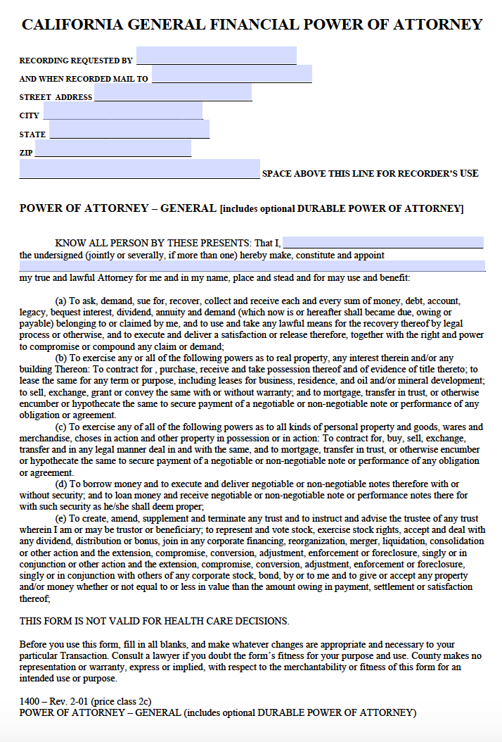 Download California General Financial Power of Attorney Form PDF