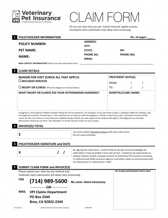 Download Veterinary Pet Insurance (VPI) Claim Form PDF