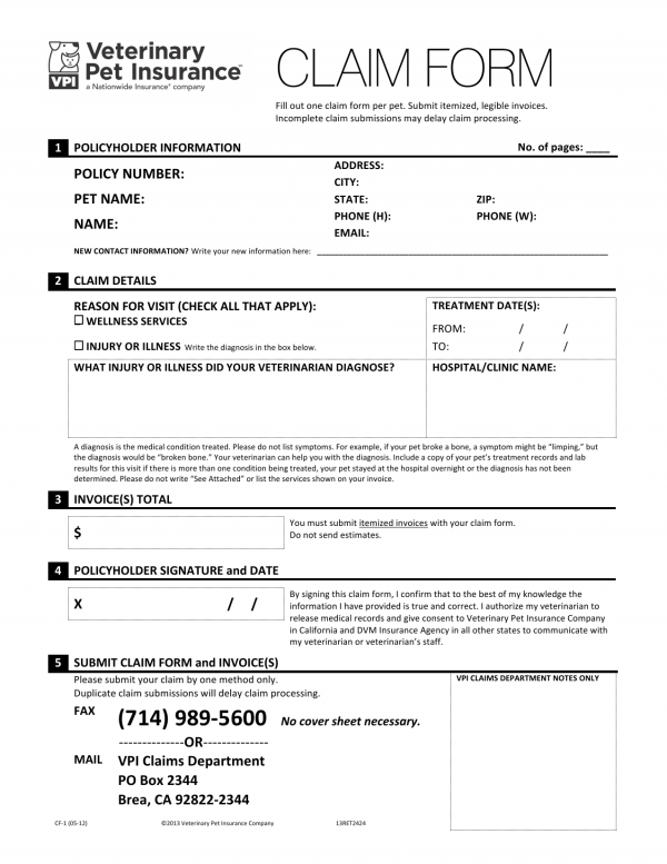 Download Veterinary Pet Insurance VPI Claim Form PDF FreeDownloads