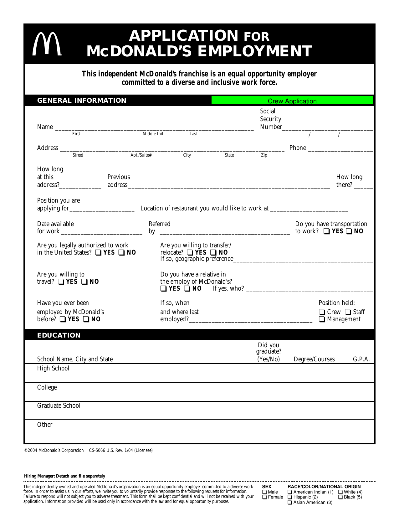 pdf mcdonalds form job application for Application Careers Download  PDF Job Form McDonalds  â€“