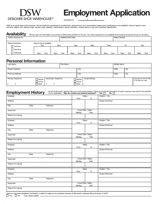 Download DSW Job Application Form Careers PDF