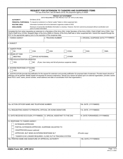 Download DA Form HQDA391 | Request For Extension To Taskers And ...