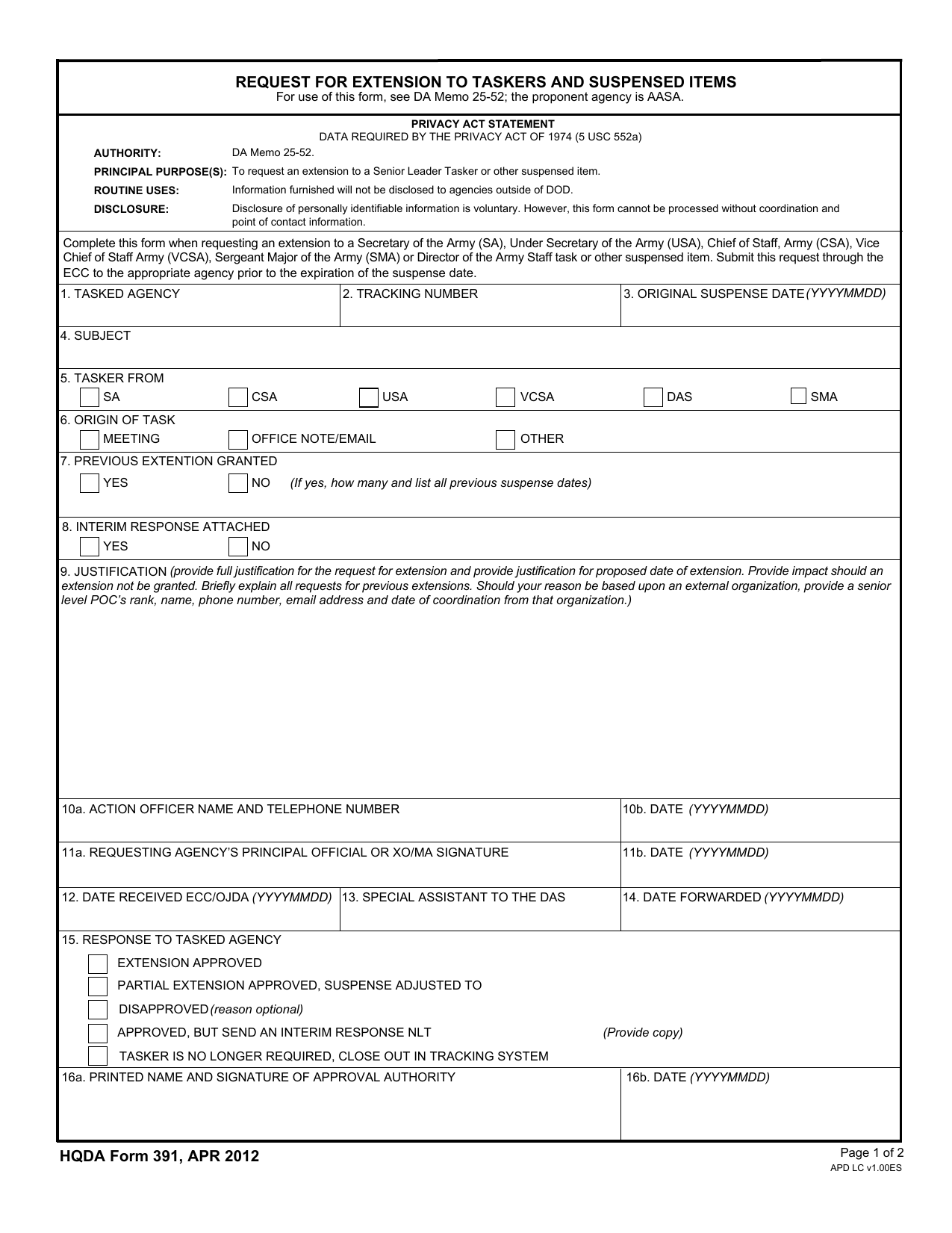 Download DA Form HQDA391 | Request For Extension To Taskers And Suspensed Items PDF | FreeDownloads.net