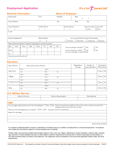 Dunkin Donuts Job Application Form Printable