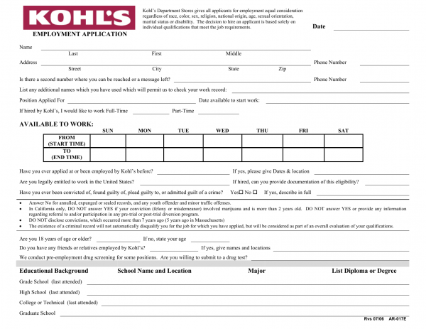 Download Kohl’s Job Application Form | PDF | FreeDownloads.net