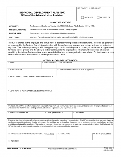 Download DA Form OSA18 | Individual Development Plan (IDP) | PDF ...