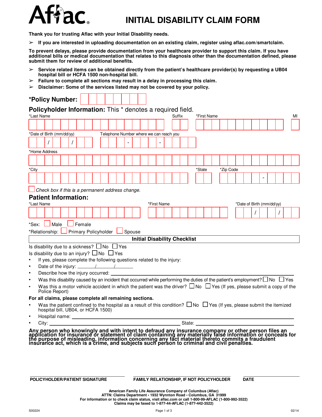 Download Aflac Short Term Disability Claim Form/ Initial Disability