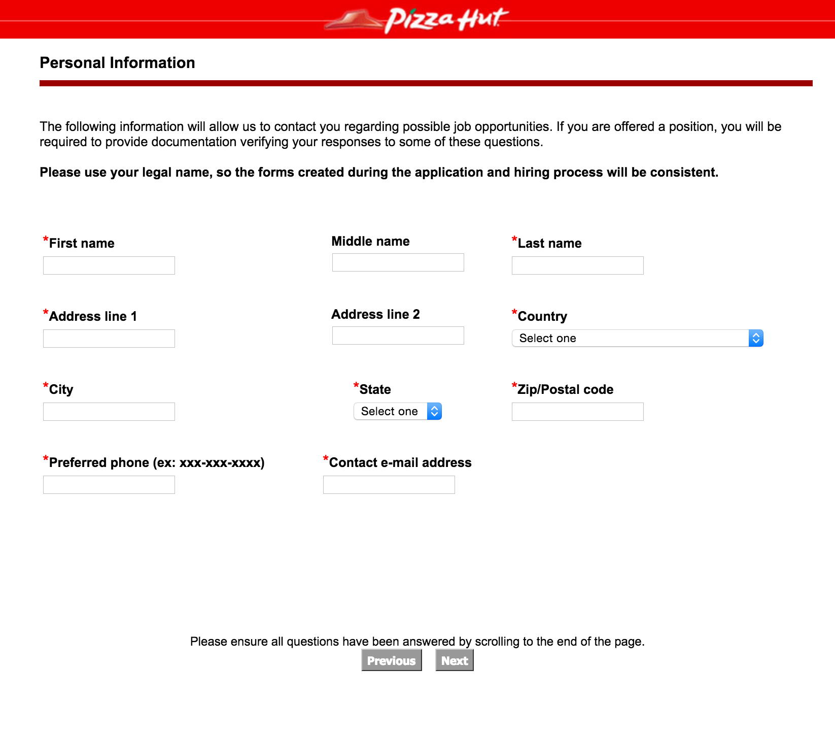 Online job applications for pizza hut