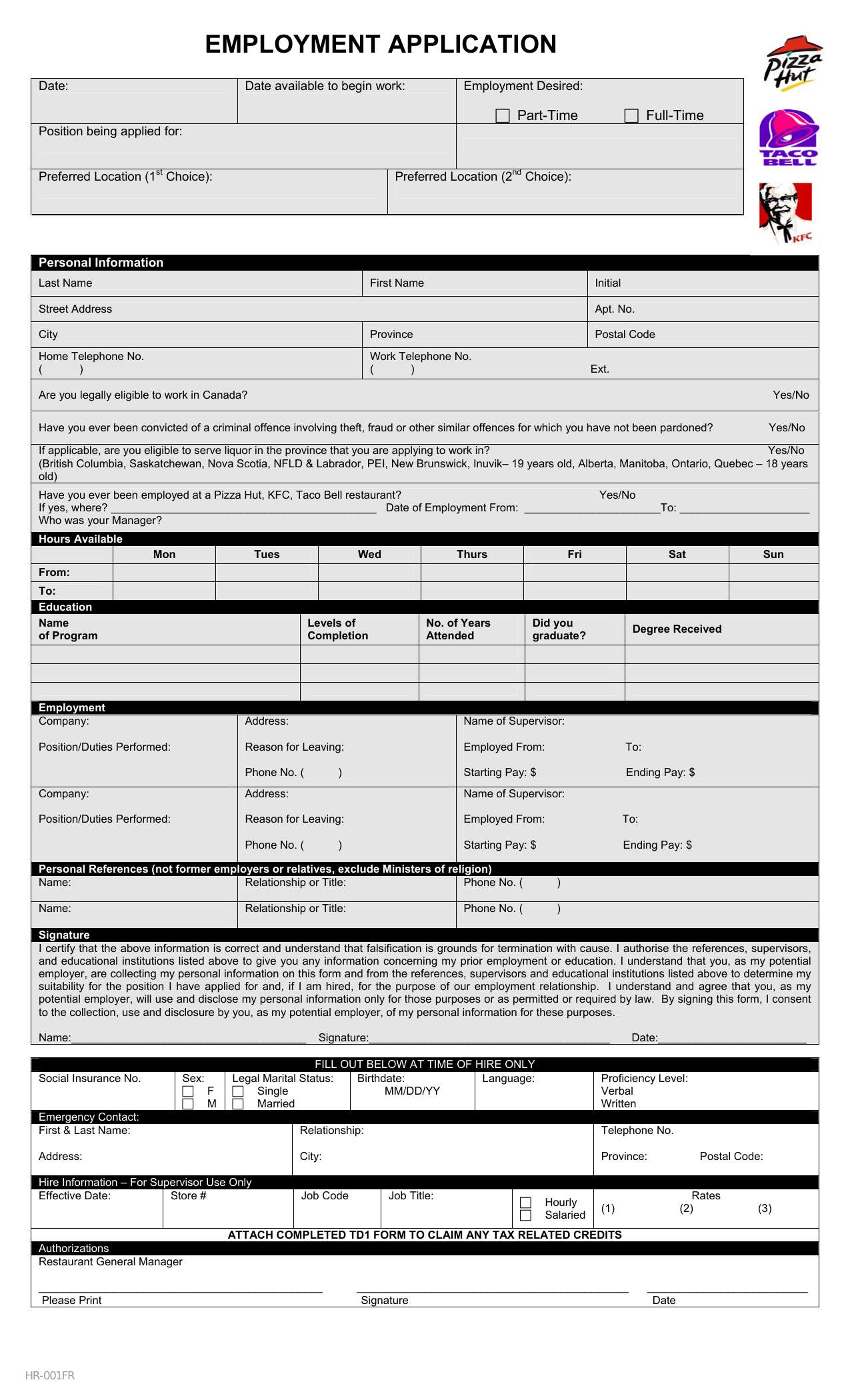 Download Taco Bell Job Application Form Careers PDF