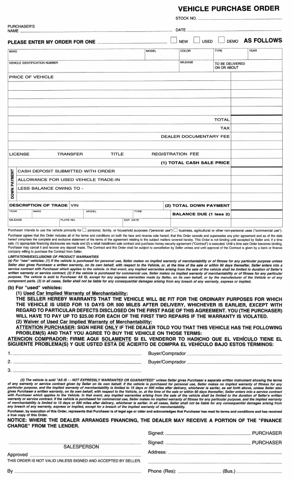 Download Vehicle Purchase Order Template Excel PDF RTF Word 