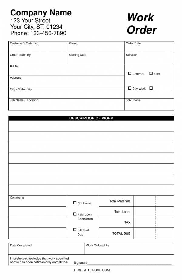 Construction Work Order Template Excel