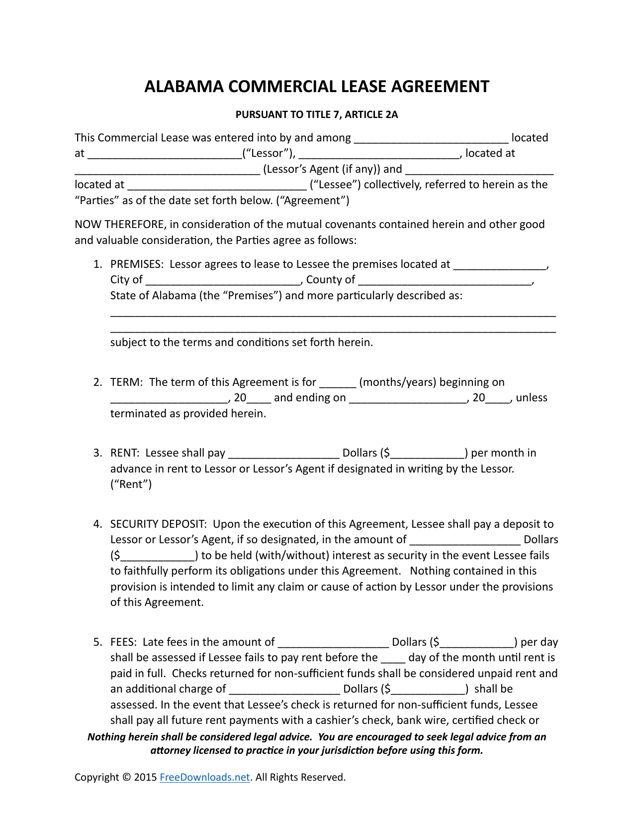 Download Alabama Commercial Lease Agreement Template  PDF  RTF Within free printable commercial lease agreement template