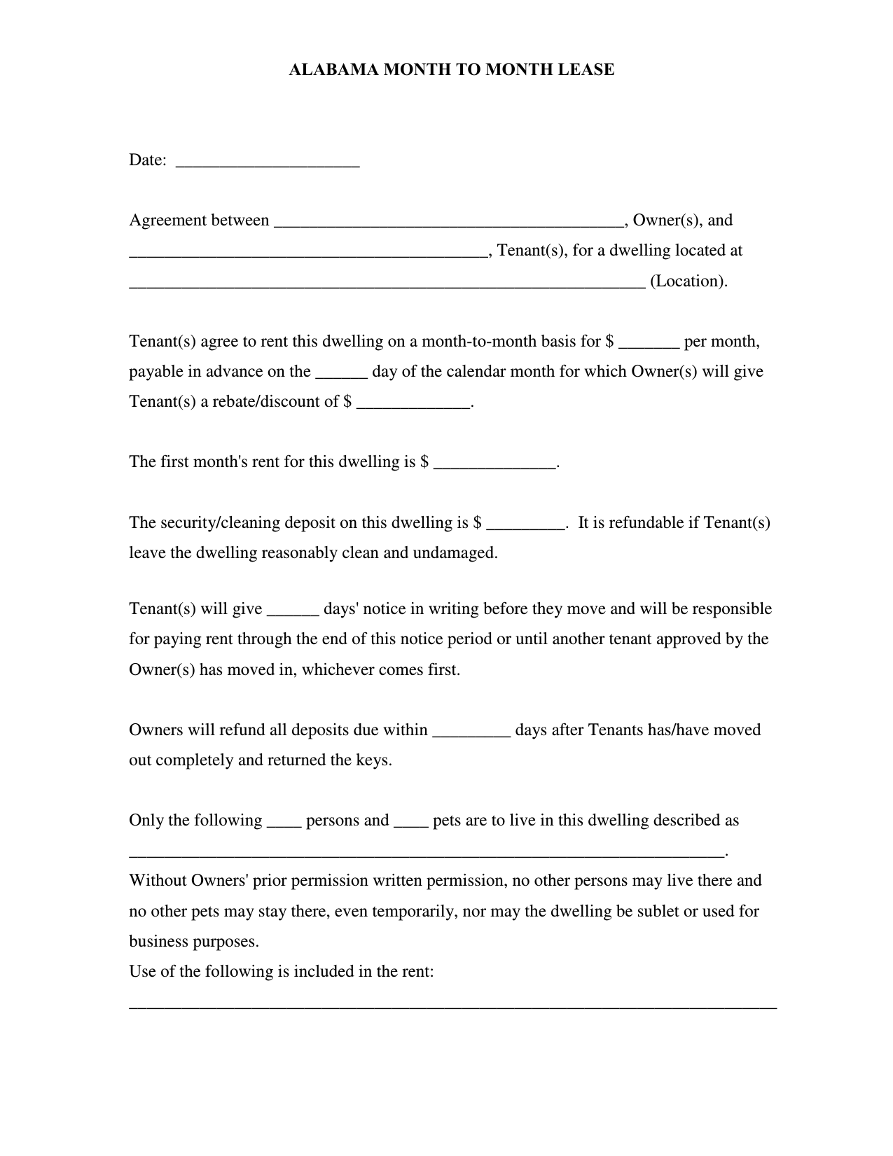Free Printable Alabama Rental Agreement