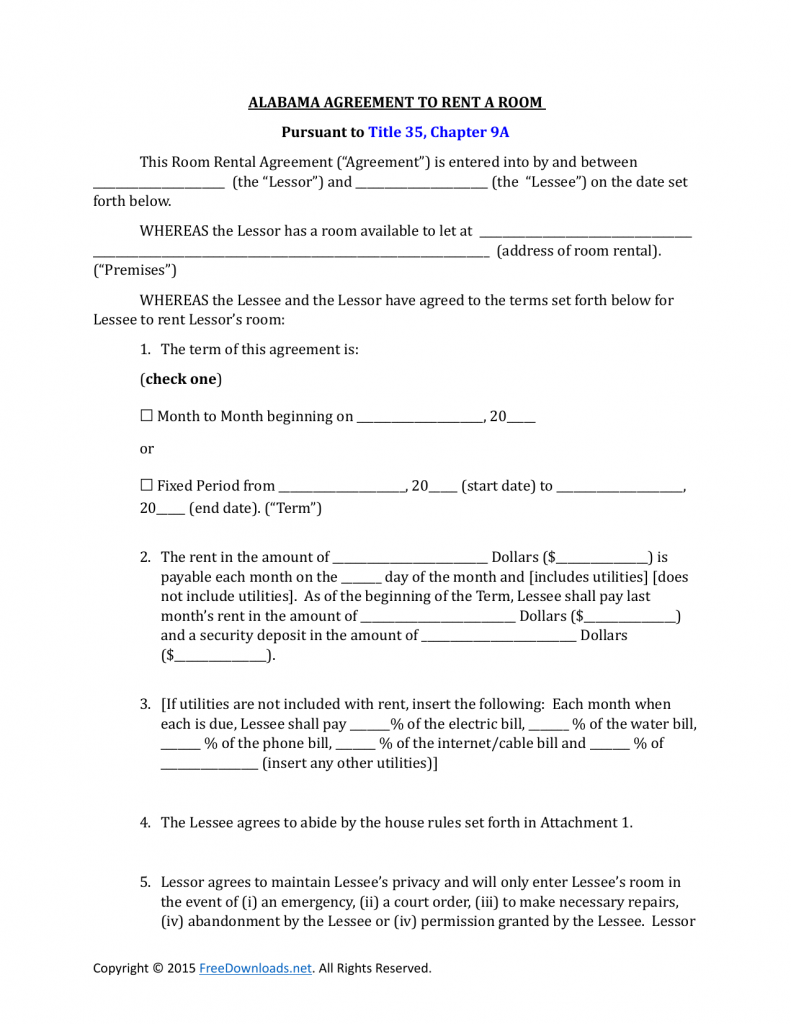 Download Alabama Room Rental Lease Agreement | PDF | RTF | Word ...