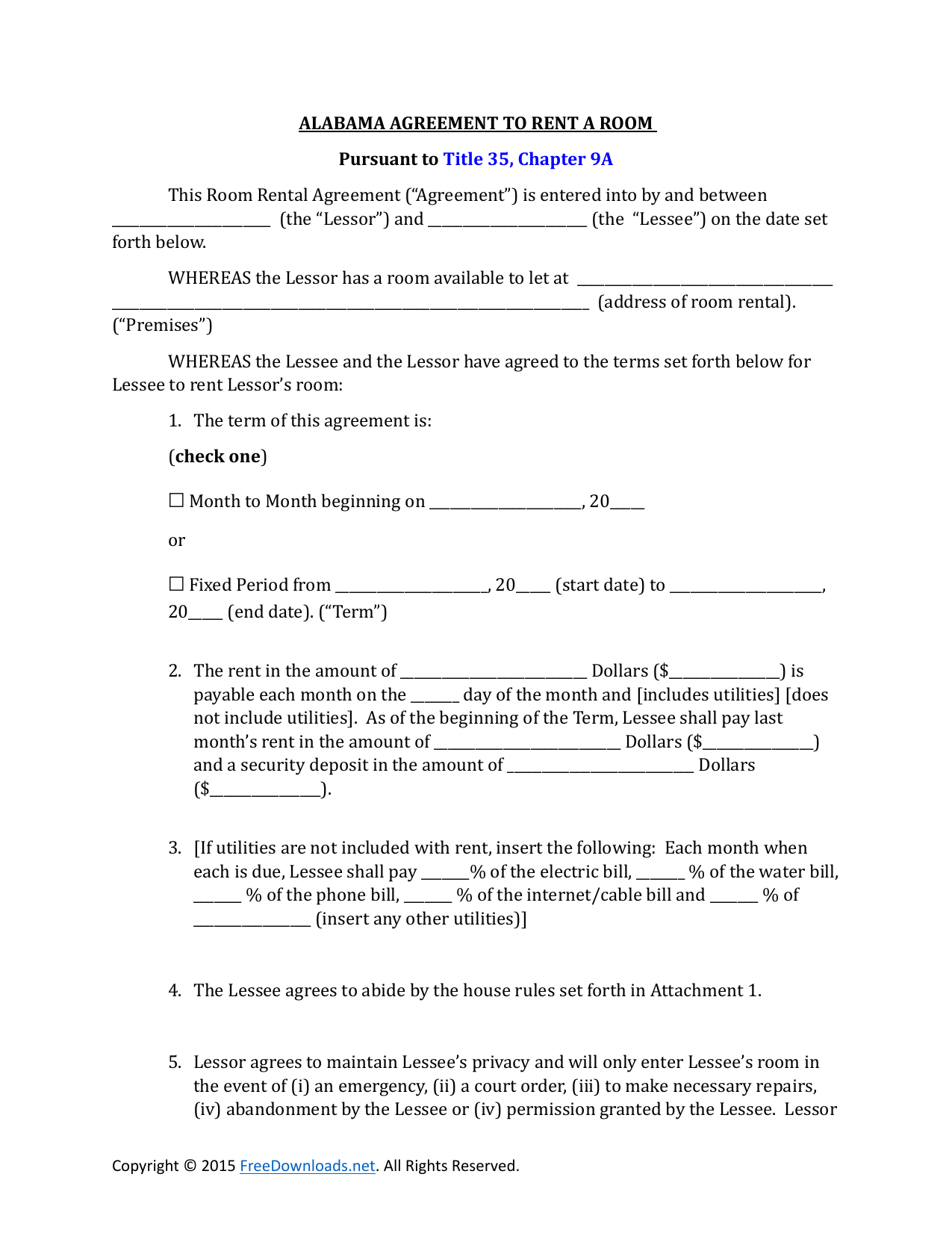 Download Alabama Room Rental Lease Agreement PDF RTF Word