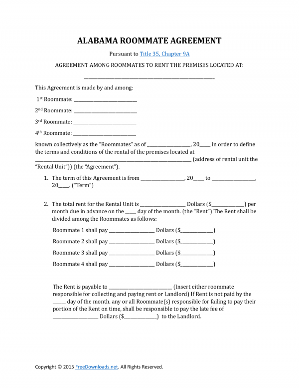 Download Alabama Roommate Rental Lease Agreement PDF RTF Word