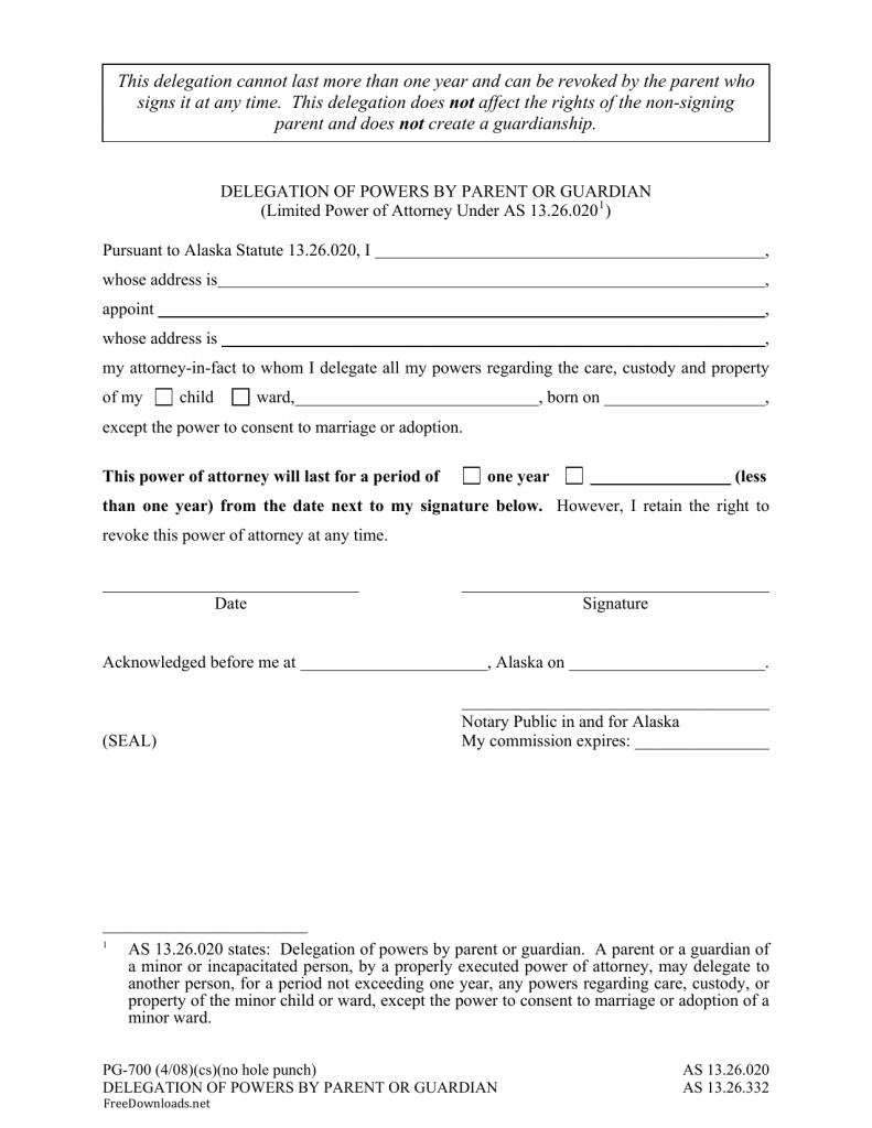 Download Alaska Minor Child Power of Attorney Form | PDF ...