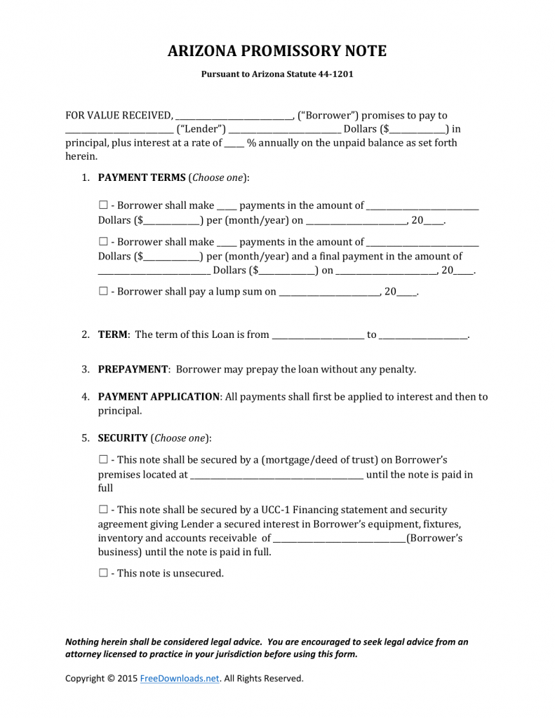 Download Arizona Promissory Note Form PDF RTF Word