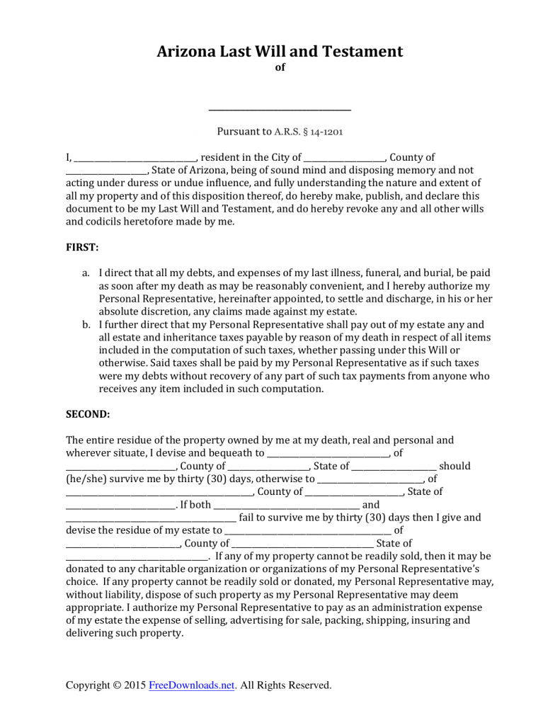 Download Arizona Last Will and Testament Form | PDF | RTF | Word ...