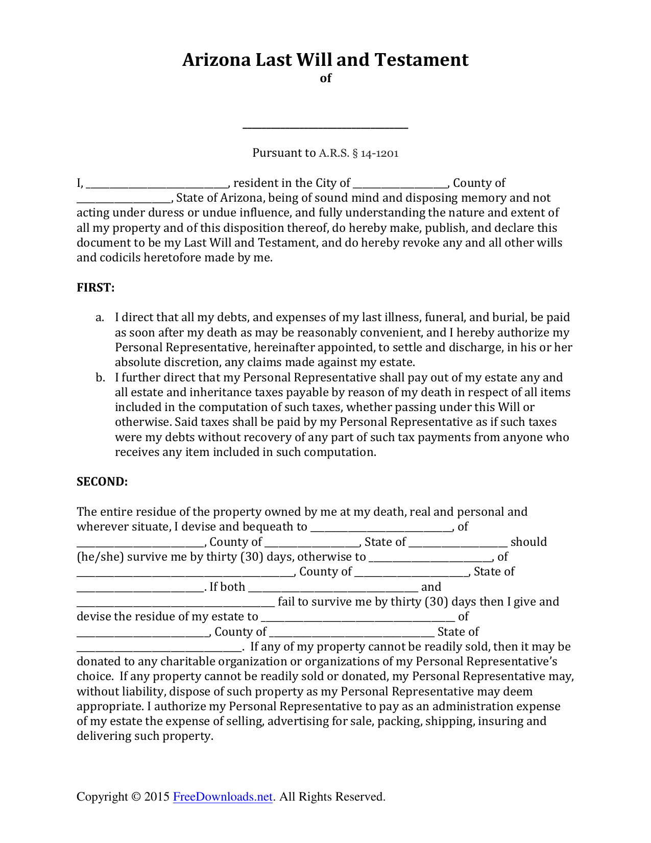 Download Arizona Last Will and Testament Form PDF RTF Word