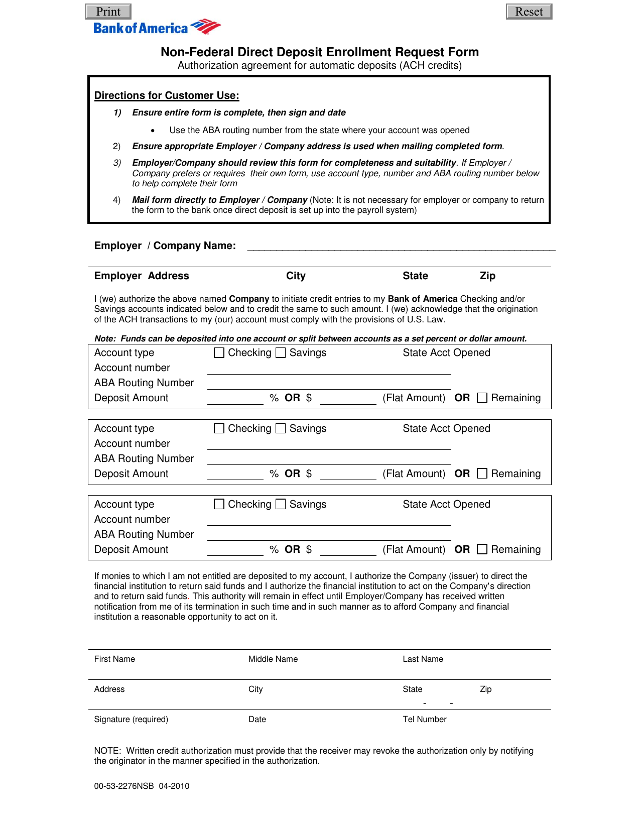 download bank of america direct deposit form pdf freedownloads net