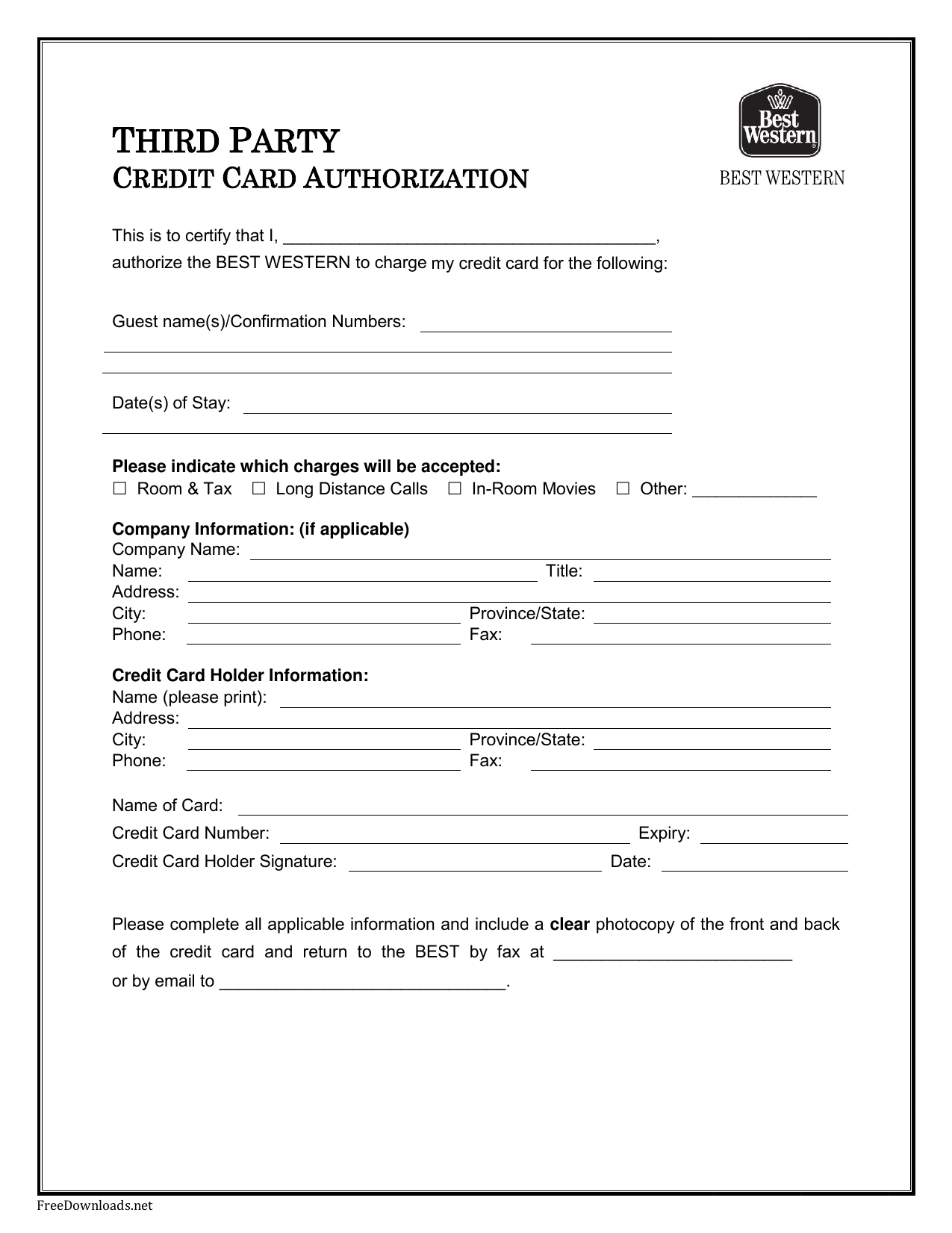 Download Best Western Credit Card Authorization Form Template